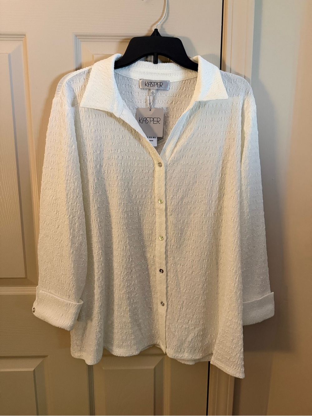 Kasper Cream Textured Button-Down Collared Top